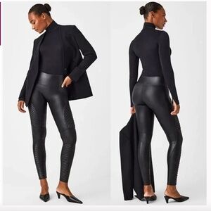 NWT Spanx Black Faux Leather Moto Leggings Size Petite Large
